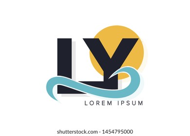 LY letter logo with ocean waves and sunset. Beach concept design