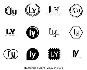 LY logo company template. Letter l and y logotype. Set different classic serif lettering and modern bold text with design elements. Initial font typography. Collection trendy business identity.