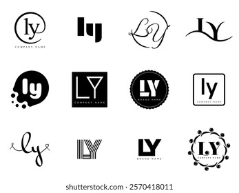 LY logo company template. Letter l and y logotype. Set different classic serif lettering and modern bold text with design elements. Initial font typography. Collection trendy business identity.