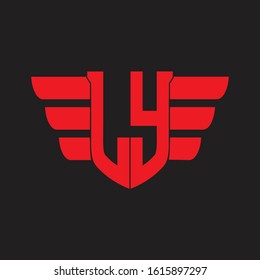 LY Logo monogram with emblem and wings element design template on red colors