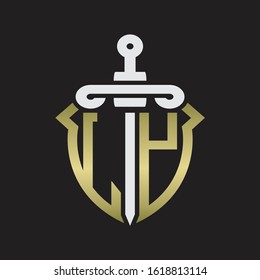 LY Logo monogram with sword and shield combination isolated with gold colors