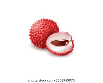 Lychee 3D with Cut in Half Slice Isolated on White Background. Lychee 3D Fruit with Half Slice, Realistic Lychee on White Background