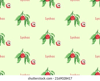 El personaje de caricatura de Lychee es un patrón impecable sobre el fondo verde. Estilo de píxeles