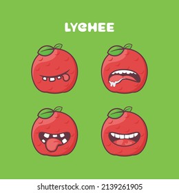 Lychee-Cartoon. Früchte, Vektorgrafik. mit unterschiedlichen Mundausdrücken. süßer Cartoon