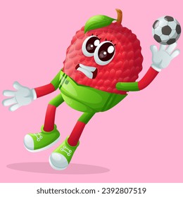 lychee character blocking a shot as a goalkeeper. Perfect for kids, merchandise and sticker, banner promotion
