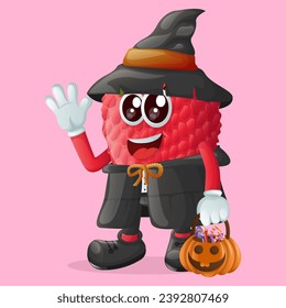 lychee character dressed as a witch and holding a pumpkin. Perfect for kids, merchandise and sticker, banner promotion

