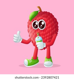 lychee character drinking a green smoothie. Perfect for kids, merchandise and sticker, banner promotion
