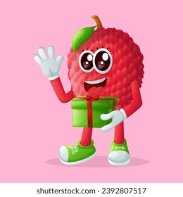 lychee character holding a gift box. Perfect for kids, merchandise and sticker, banner promotion
