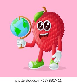  lychee character holding a globe. Perfect for kids, merchandise and sticker, banner promotion
