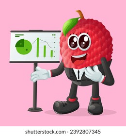 lychee character making a presentation. Perfect for kids, merchandise and sticker, banner promotion
