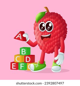 lychee character playing with blocks. Perfect for kids, merchandise and sticker, banner promotion
