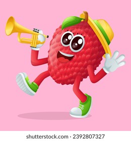 lychee character playing a trumpet. Perfect for kids, merchandise and sticker, banner promotion
