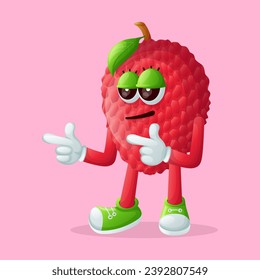 lychee character with pointed hand and cool expression. Perfect for kids, merchandise and sticker, banner promotion
