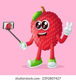 personaje de lychee tomándose un selfie con un smartphone. Perfecto para niños, mercadería y pegatinas, promoción de pancartas
