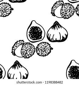 Lychee, figs tropical fruits seamless pattern