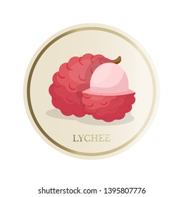 Lychee flat circle sticker. Sliced tropical exotic fruit vector illustration. Eco, organic homemade juice, jam patch. Fresh healthy vitamins rich food. Summer cocktails ingredient