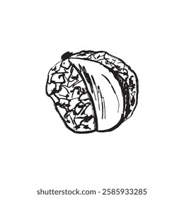 Lychee fruit in black brush stroke texture isolated on white background. Hand drawn vector sketch illustration in vintage charcoal ink. Tropical fruit design, package, asian tree