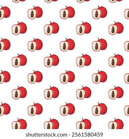 Lychee fruit flat seamless pattern on white background. Wrapping paper, gift card, poster, banner design. Home decor, modern textile print. Summer bright geometric fruits patterned.