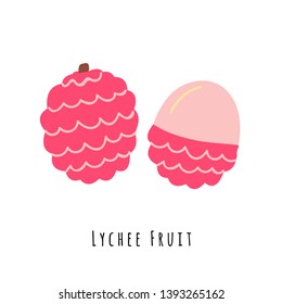 Lychee fruit flat vector illustration. Cartoon slices of exotic, tropical fresh fruit. Clipart with typography. Isolated icon for healthy cooking menu, logo design element