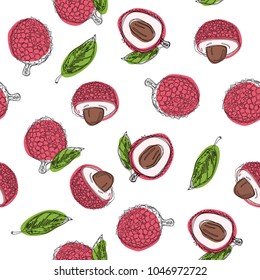 Lychee fruit hand draw seamless pattern on isolated white background. Continuous line hand drawn vector illustration. 