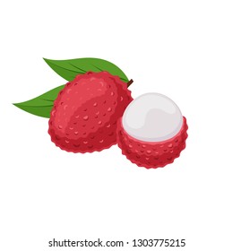 Lychee fruit on white background. Tropical fruit in flat style. Vector illustration