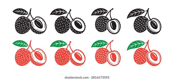 Lychee fruit vector set. Fresh tropical food illustration.