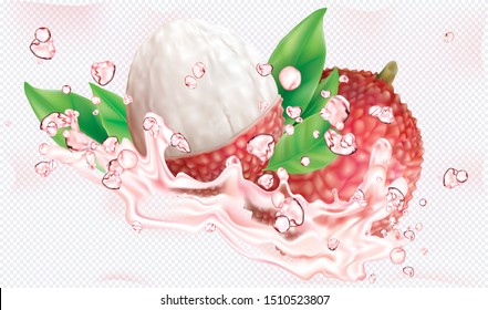 Lychee fruits in burst splashes of juices on a transparent background. Vector mesh illustration