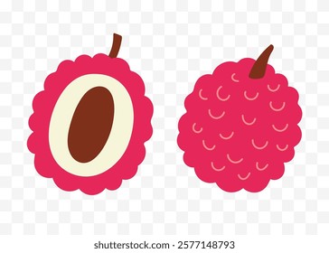 Lychee half and whole asian fruit. Set of hand drawn abstract colorful fruits. Natural tropical collection. Vector illustration in modern cute flat cartoon style.