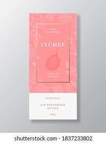 Lychee Home Fragrance Abstract Vector Label Template. Hand Drawn Sketch Flowers, Leaves Background and Retro Typography. Premium Room Perfume Packaging Design Layout. Realistic Mockup. Isolated.