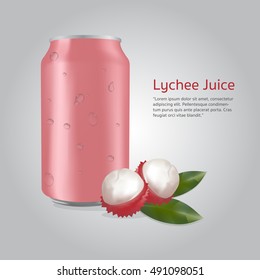 Lychee Juice, The aluminium cans Vector illustration. Mock-up Template Ready For Your Design. Product Packing Vector