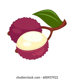 Lychee oder Flechte exotische tropische Früchte, die zu Fleisch geschält werden. Vectorflaches, isoliertes Symbol für Saft- oder Desseretikeldesign