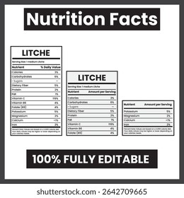 Lychee Nutrition Facts Label – Flat Style Exotic Fruit Nutrient Chart on White Background

