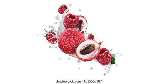 Lychee and raspberries in splashes of yogurt or milk.