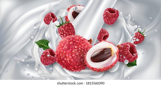 Lychee and raspberries in a stream of milk or yogurt.