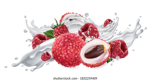 Lychee and raspberries in a yogurt or milk splash.