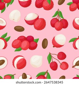 Lychee seamless pattern. Bright exotic fruits with leaves, whole and cut. Sweet vitamin fruit print for wrapping fabric design, neoteric vector background