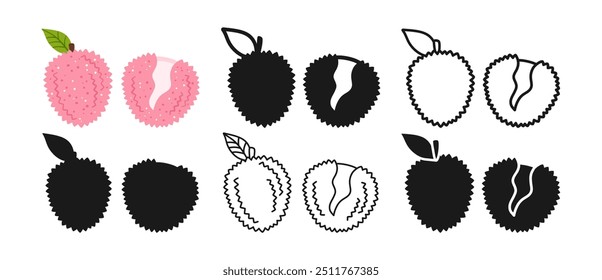 Conjunto de desenhos animados símbolo Lychee. Ícone de doodle linear de lichi vermelho maduro inteiro e cortado. Abstrato colorido infantil mão desenhada fruta asiática. Forma gráfica lichia estilizada silhueta, ilustração vetor simples