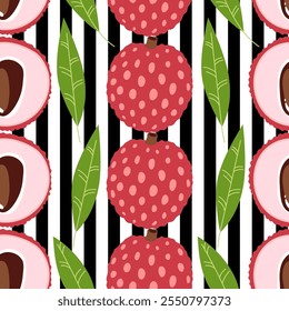 Patrón de hojas y frutas tropicales de lichi. Fondo botánico de dibujos animados. Selva de frutas y follaje exóticos. Comida de verano sobre fondo de rayas. Vector