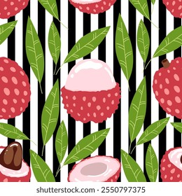 Lychee Tropical Fruit and Leaves Seamless Pattern. Cartoon Botanical background. Exotic Fruit and Foliage Jungle. Summer Food on striped background. Vector