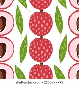 Lychee Tropical Fruit and Leaves Seamless Pattern. Cartoon Botanical background. Exotic Fruit and Foliage Jungle. Summer Food