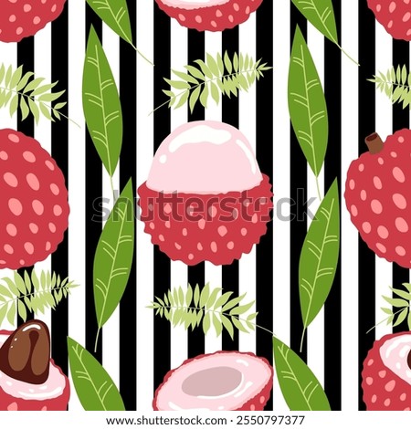Lychee Tropical Fruit and Leaves Seamless Pattern. Cartoon Botanical background. Exotic Fruit and Foliage Jungle. Summer Food on striped background. Vector