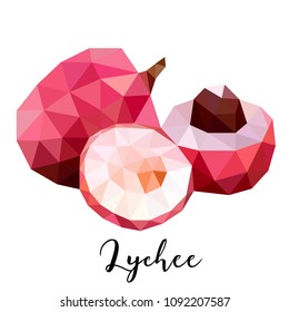 Lychee. Vector illustration in low poly style. Print design in polygonal style. Can be used as a print for T-shirts, food packaging, textiles, souvenirs, notepads, food packaging