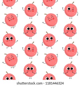 Lychee, vector seamless pattern with cute cartoon exotic fruit characters isolated on white