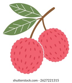Lychee whole fruit with leaves isolated on a white background. Litchi chinensis cartoon icon for package design. Vector illustration of tropical fruits in flat style