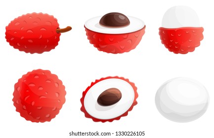 Iconos de Lychees. Conjunto de dibujos animados de iconos vectoriales de lychees para el diseño web