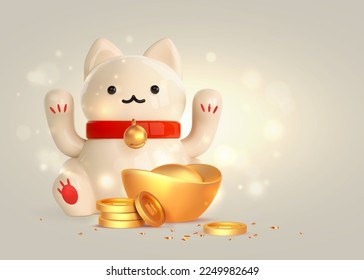 Lycky money template . 3d cute maneki neko, golden money, asian ingot. Japanese lucky beckoning cat. Symbol wealth,fortune, lucky. Cartoon vector illustration svg