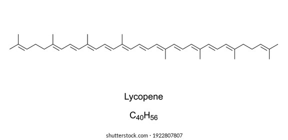 Lycopene, chemical formula and skeletal structure. Bright red carotene, found in tomatoes, red carrots, watermelons, grapefruits and papayas. It is used for food coloring. E160d. Illustration. Vector.