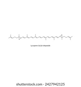 Diagrama de la estructura esquelética del licopeno 5,6,5′,6′-diepóxido. Ilustración científica de la molécula compuesta caratenoide sobre fondo blanco.