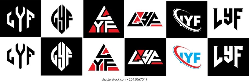 LYF letter logo design in six style. LYF polygon, circle, triangle, hexagon, flat and simple style with black and white color variation letter logo set in one artboard. LYF minimalist and classic logo