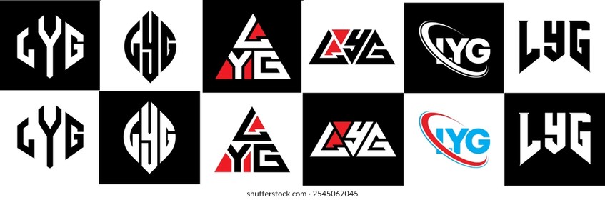 LYG letter logo design in six style. LYG polygon, circle, triangle, hexagon, flat and simple style with black and white color variation letter logo set in one artboard. LYG minimalist and classic logo